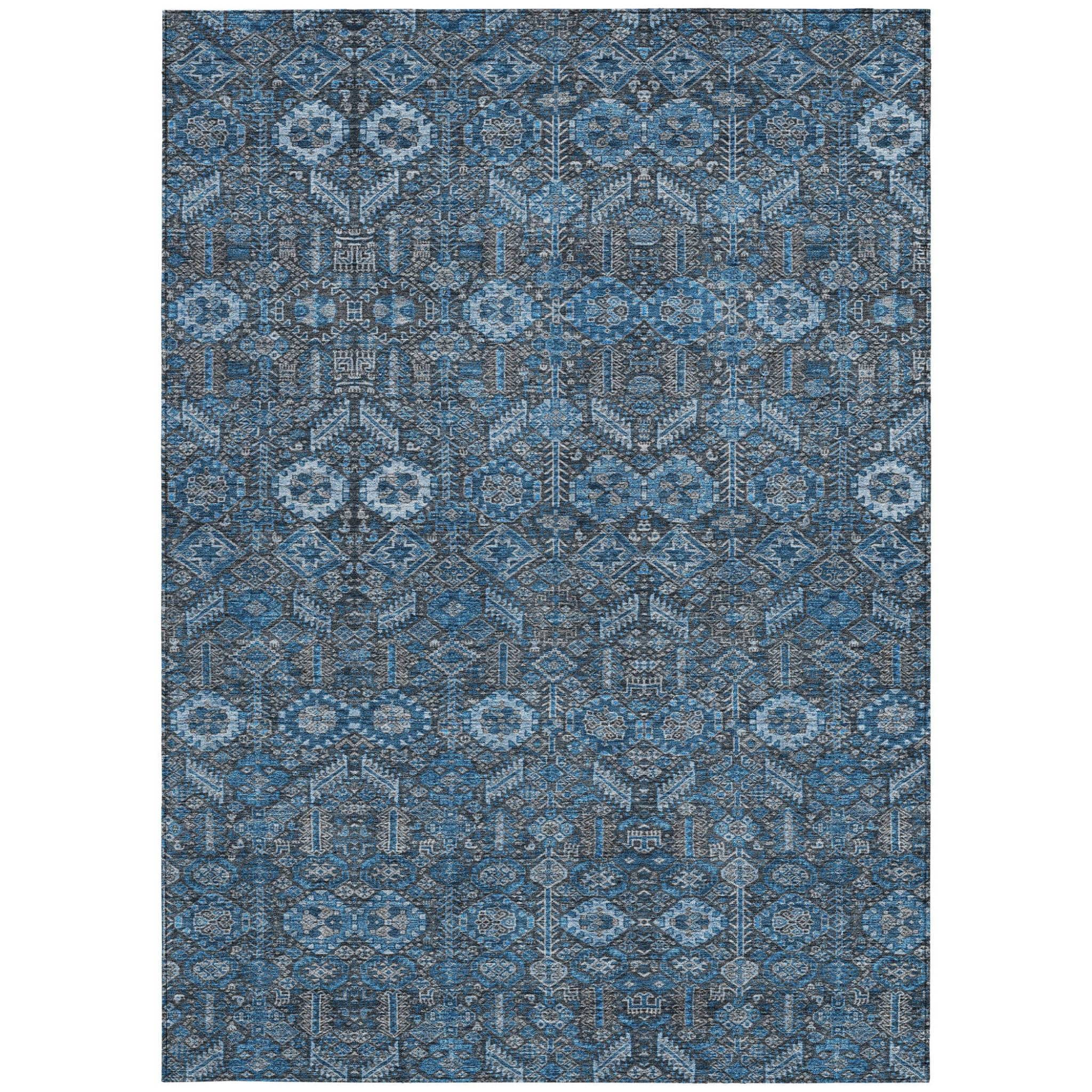 10' X 14' Blue and Black Floral Washable Non Skid Indoor Outdoor Area Rug
