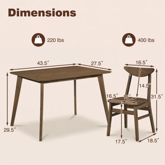 5-Piece Solid Wood Dining Table Set for Small Space-Walnut - Color: Walnut