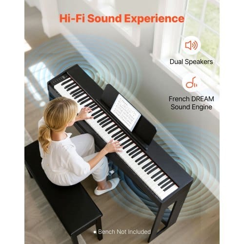 Weighted Digital Piano, 88 Keys Fully Weighted, Electric Piano Keyboard with Furniture Stand, Power Adapter, Triple Pedal, Record Function, 280 Tones, Wireless Connection, for Beginners, Black