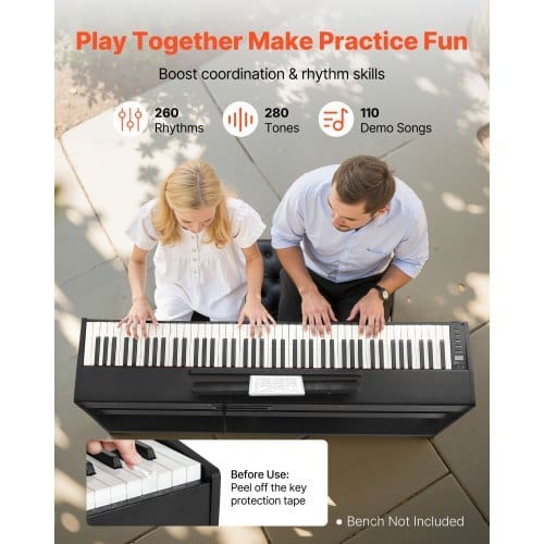 Weighted Digital Piano, 88 Keys Fully Weighted, Electric Piano Keyboard with Furniture Stand, Power Adapter, Triple Pedal, Record Function, 280 Tones, Wireless Connection, for Beginners, Black