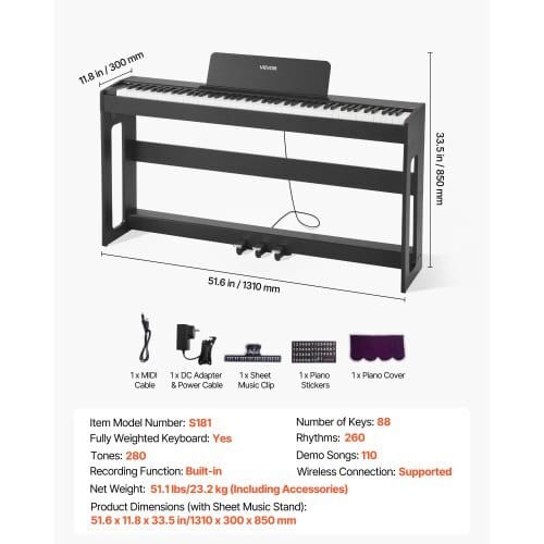 Weighted Digital Piano, 88 Keys Fully Weighted, Electric Piano Keyboard with Furniture Stand, Power Adapter, Triple Pedal, Record Function, 280 Tones, Wireless Connection, for Beginners, Black