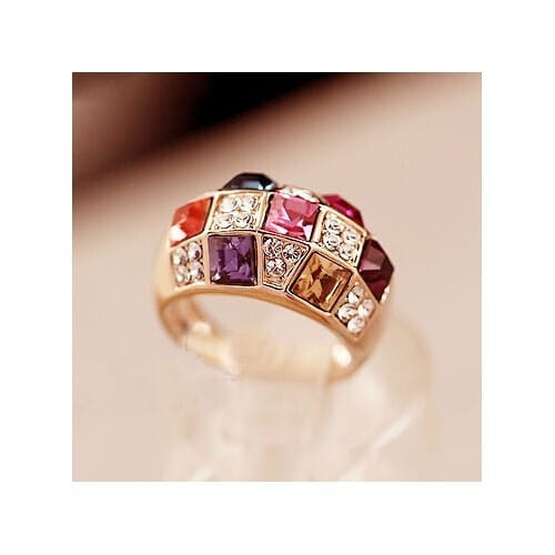 Queen Style Austrian Crystal Inlaid 18K Rose Gold Ring - Blue Red