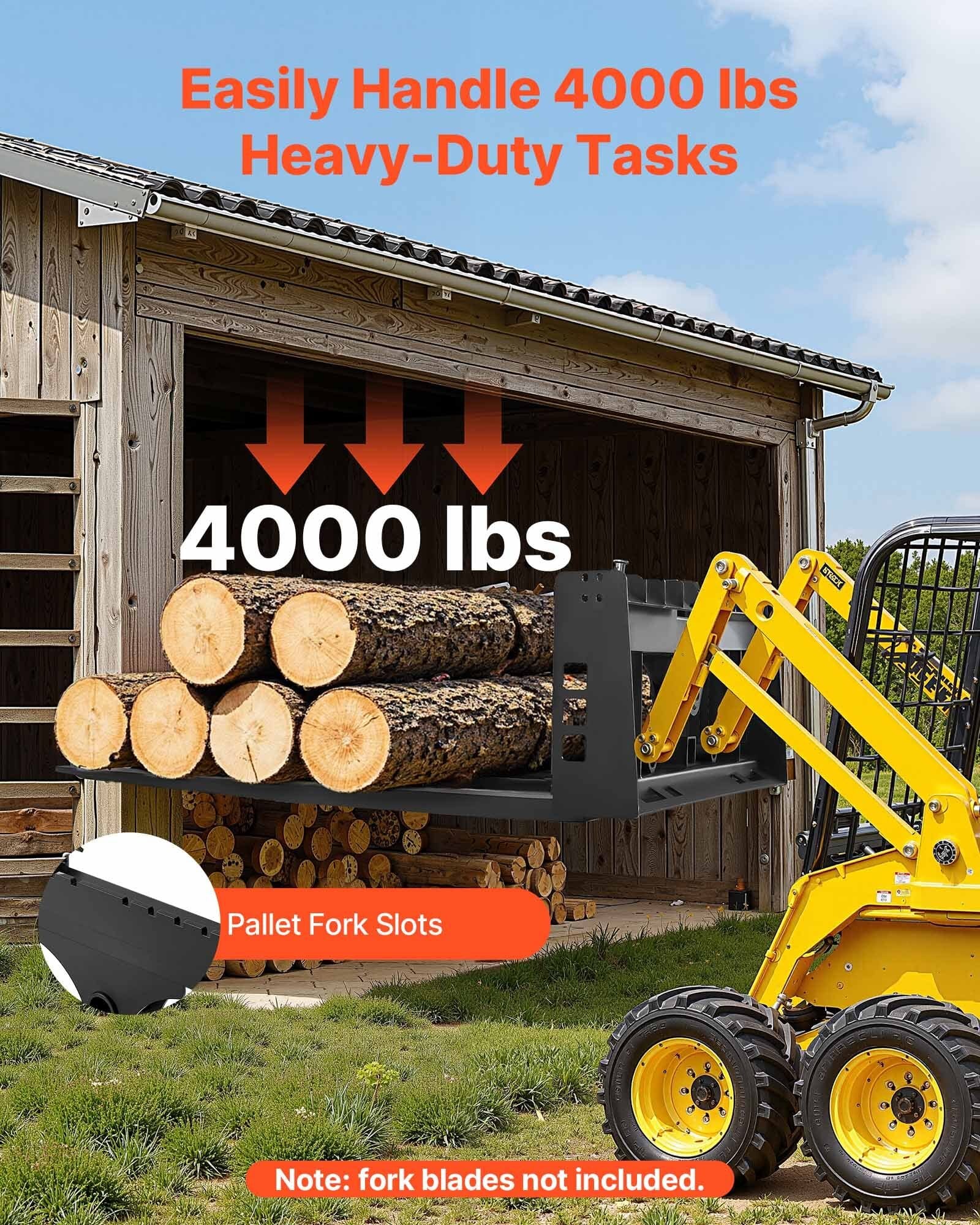 Skid Steer Pallet Frame, 4000 lbs Rated Load Capacity, 45-inch Pallet Fork Frame Attachments with 2-inch Hitch Receiver & Spear Sleeves, Fit for Loaders Tractors Quick Attach Mount, Frame Only