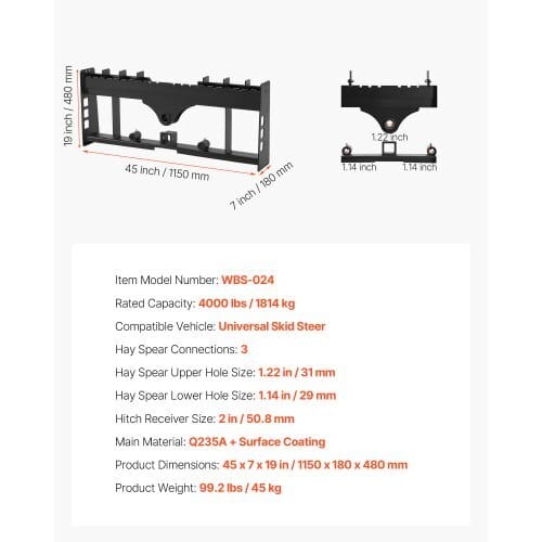 Skid Steer Pallet Frame, 4000 lbs Rated Load Capacity, 45-inch Pallet Fork Frame Attachments with 2-inch Hitch Receiver & Spear Sleeves, Fit for Loaders Tractors Quick Attach Mount, Frame Only
