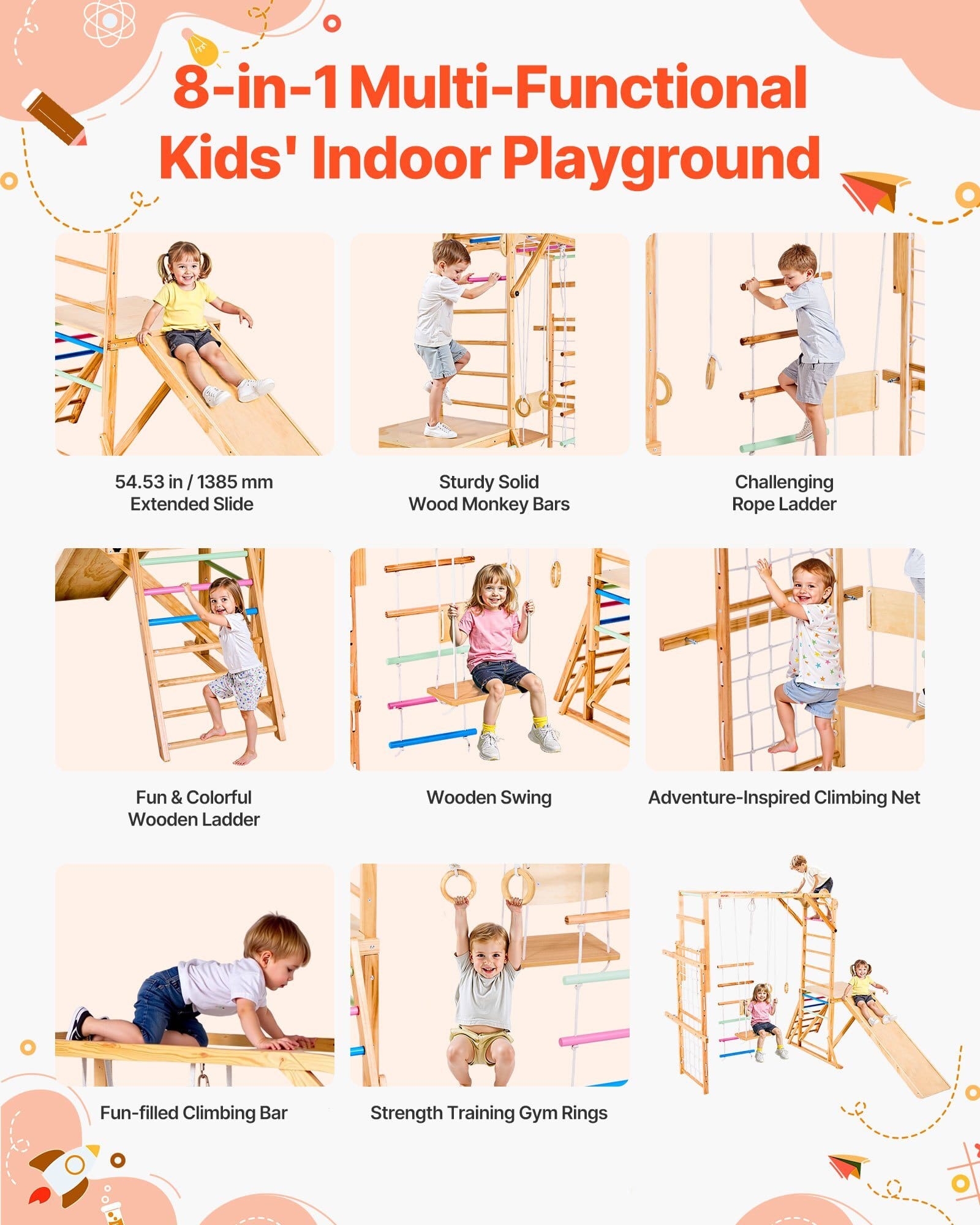 Indoor Playground Jungle Gym, 8-in-1 Wooden Indoor Playground Playset, 220LBS Loading Montessori Climbing Toys with Swing, Slide, Monkey Bar, Gym Rings, Wooden / Rope Ladder, Climbing Net & Bar