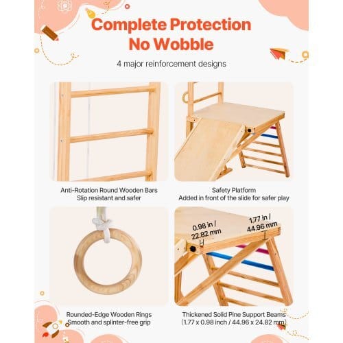 Indoor Playground Jungle Gym, 8-in-1 Wooden Indoor Playground Playset, 220LBS Loading Montessori Climbing Toys with Swing, Slide, Monkey Bar, Gym Rings, Wooden / Rope Ladder, Climbing Net & Bar