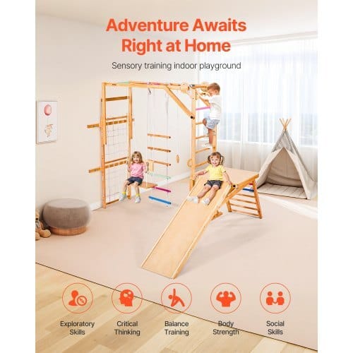 Indoor Playground Jungle Gym, 8-in-1 Wooden Indoor Playground Playset, 220LBS Loading Montessori Climbing Toys with Swing, Slide, Monkey Bar, Gym Rings, Wooden / Rope Ladder, Climbing Net & Bar