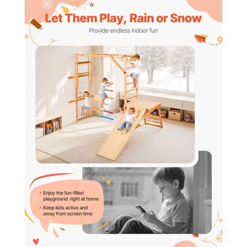 Indoor Playground Jungle Gym, 8-in-1 Wooden Indoor Playground Playset, 220LBS Loading Montessori Climbing Toys with Swing, Slide, Monkey Bar, Gym Rings, Wooden / Rope Ladder, Climbing Net & Bar