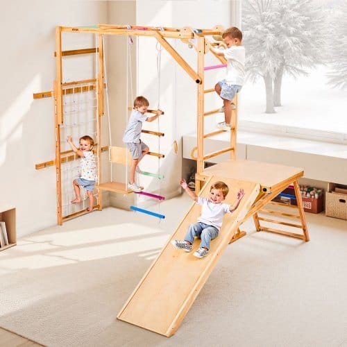 Indoor Playground Jungle Gym, 8-in-1 Wooden Indoor Playground Playset, 220LBS Loading Montessori Climbing Toys with Swing, Slide, Monkey Bar, Gym Rings, Wooden / Rope Ladder, Climbing Net & Bar