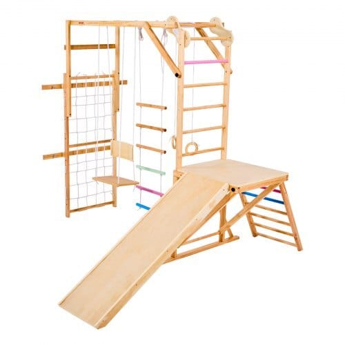 Indoor Playground Jungle Gym, 8-in-1 Wooden Indoor Playground Playset, 220LBS Loading Montessori Climbing Toys with Swing, Slide, Monkey Bar, Gym Rings, Wooden / Rope Ladder, Climbing Net & Bar