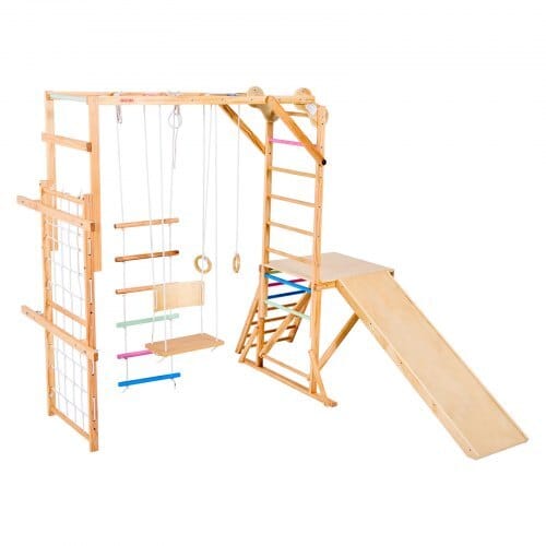 Indoor Playground Jungle Gym, 8-in-1 Wooden Indoor Playground Playset, 220LBS Loading Montessori Climbing Toys with Swing, Slide, Monkey Bar, Gym Rings, Wooden / Rope Ladder, Climbing Net & Bar