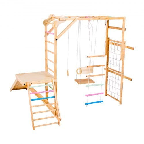 Indoor Playground Jungle Gym, 8-in-1 Wooden Indoor Playground Playset, 220LBS Loading Montessori Climbing Toys with Swing, Slide, Monkey Bar, Gym Rings, Wooden / Rope Ladder, Climbing Net & Bar