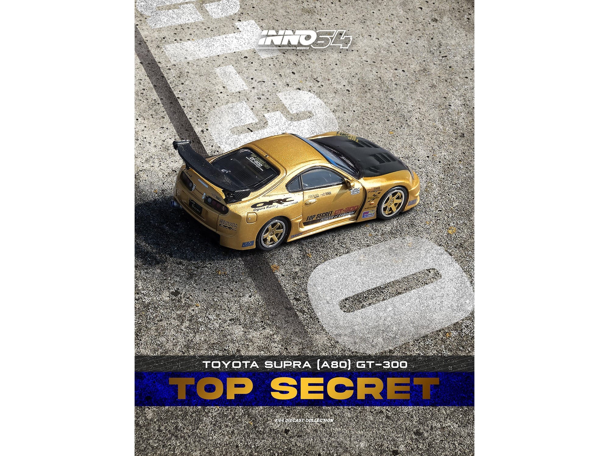 Toyota Supra (A80) "Top Secret" GT300 RHD (Right Hand Drive) Gold Metallic with Carbon Hood 1/64 Diecast Model Car by Inno Models