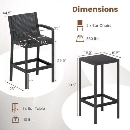 3 Pieces Patio Bar Set with 2 Stools and 1 Bar Table-Black - Color: Black