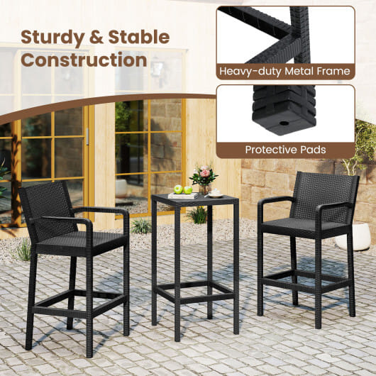 3 Pieces Patio Bar Set with 2 Stools and 1 Bar Table-Black - Color: Black