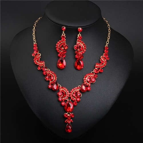 Luxurious Crystal Gem Bridal Fashion Necklace and Earrings Set - Red