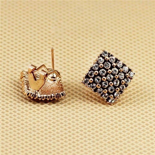 Austrian Rhinestones Inlaid Square Shape Rose Gold Ear Studs