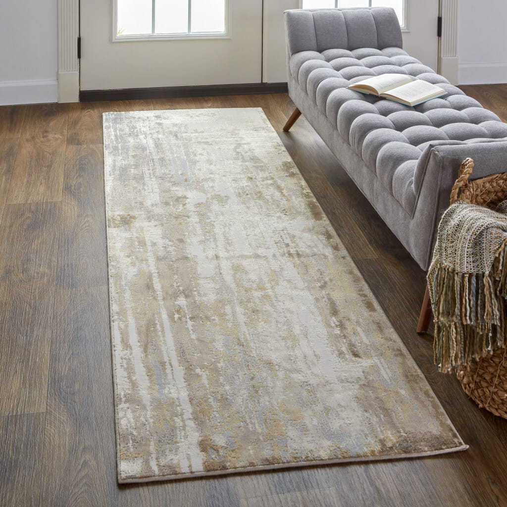 8' Tan Ivory And Gray Abstract Runner Rug