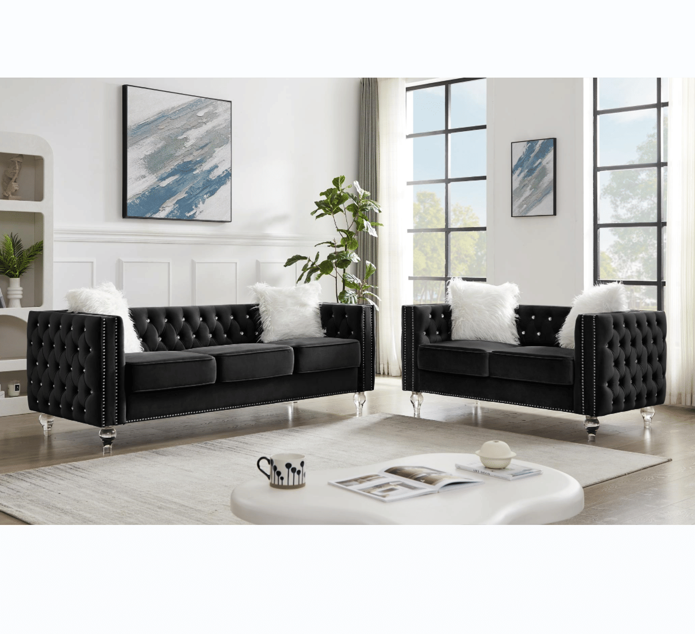 Black, 2+3 Seat Sofa Set, Velvet Crystal Buckle Upholstery Sofa, Crystal Feet, Removable Cushion, Four Plush Pillow