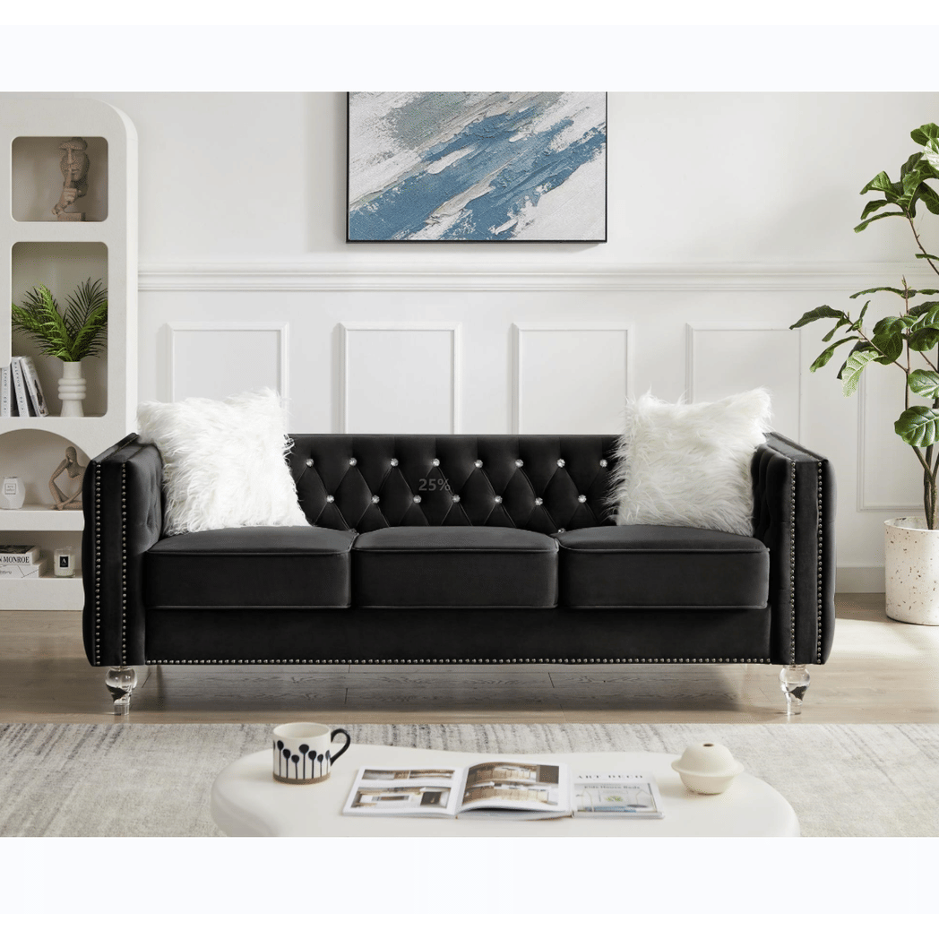 Black, 2+3 Seat Sofa Set, Velvet Crystal Buckle Upholstery Sofa, Crystal Feet, Removable Cushion, Four Plush Pillow