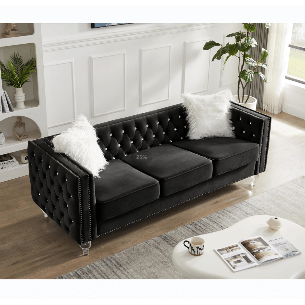 Black, 2+3 Seat Sofa Set, Velvet Crystal Buckle Upholstery Sofa, Crystal Feet, Removable Cushion, Four Plush Pillow