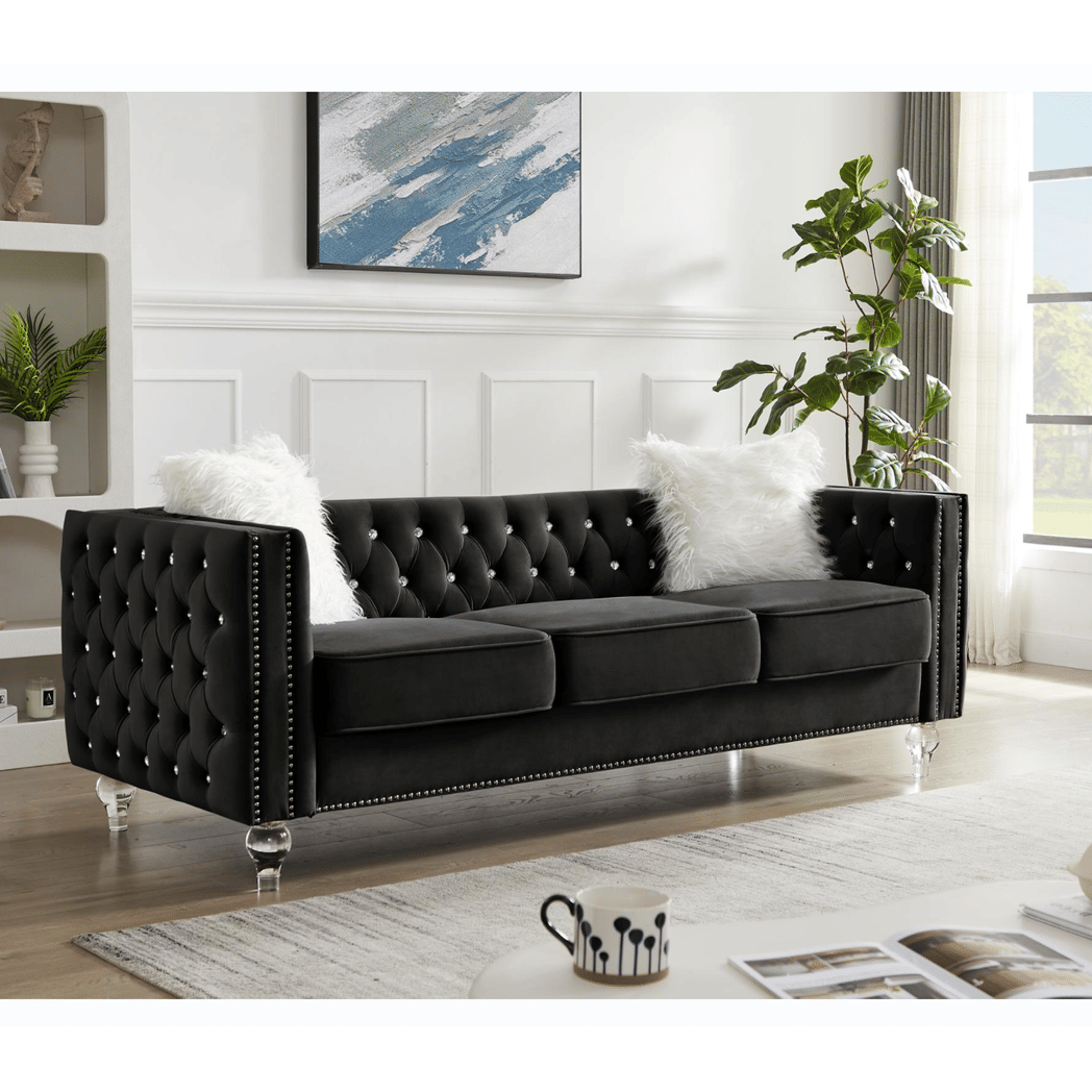 Black, 2+3 Seat Sofa Set, Velvet Crystal Buckle Upholstery Sofa, Crystal Feet, Removable Cushion, Four Plush Pillow