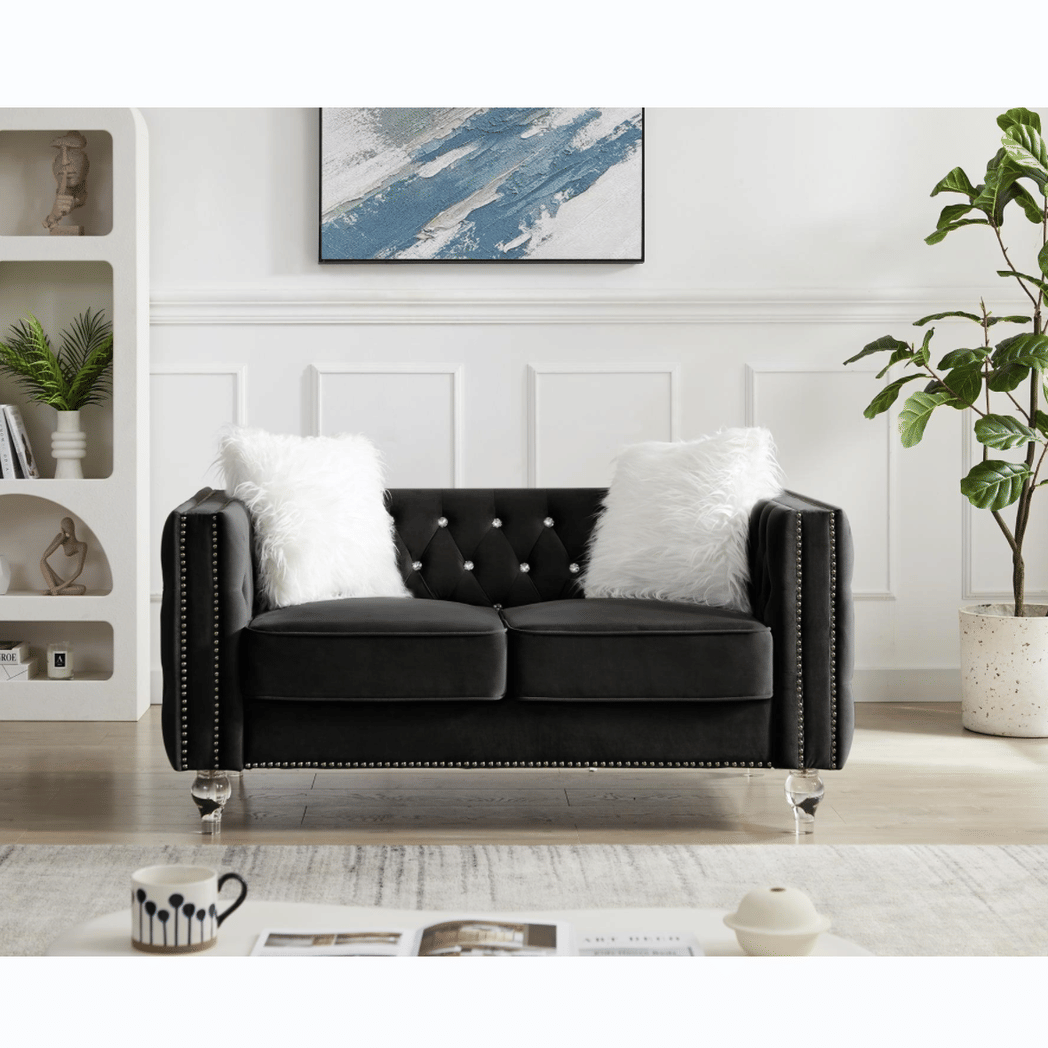 Black, 2+3 Seat Sofa Set, Velvet Crystal Buckle Upholstery Sofa, Crystal Feet, Removable Cushion, Four Plush Pillow