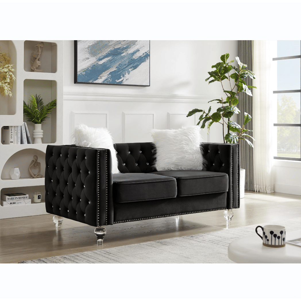 Black, 2+3 Seat Sofa Set, Velvet Crystal Buckle Upholstery Sofa, Crystal Feet, Removable Cushion, Four Plush Pillow