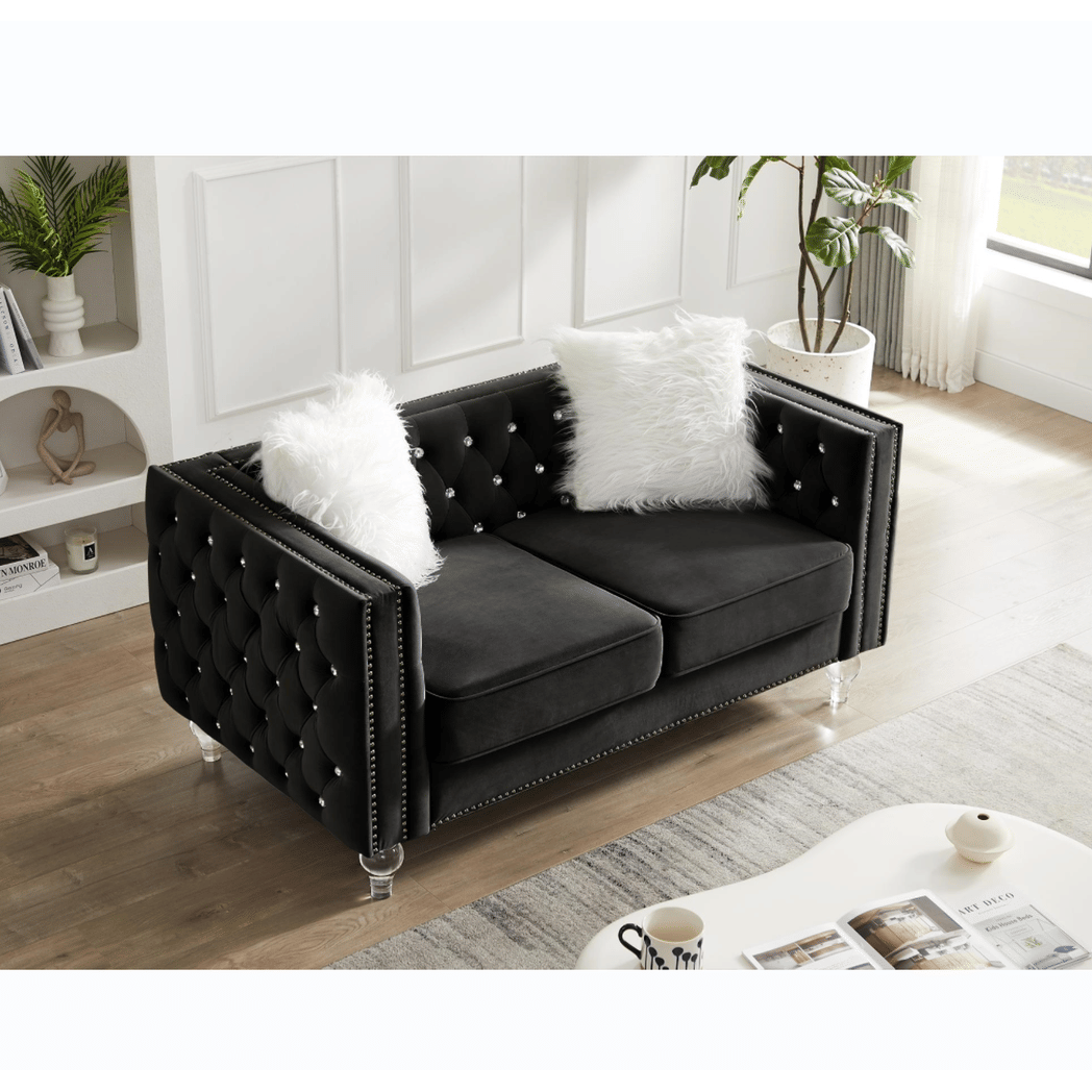 Black, 2+3 Seat Sofa Set, Velvet Crystal Buckle Upholstery Sofa, Crystal Feet, Removable Cushion, Four Plush Pillow