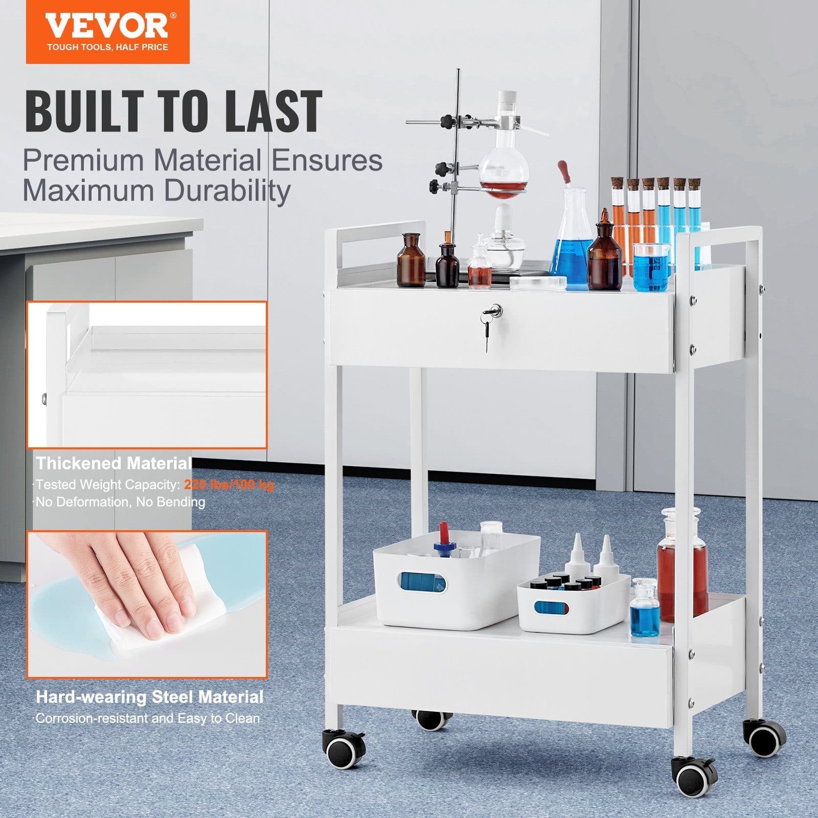 Lab Cart, 2 Tiers Stainless Steel Utility Cart, Medical Cart with 2 Drawers, Rolling Lab Cart White Paint, Serving Cart with Swivel Casters for Laboratory, Hospital, Dental, Salon and Beauty