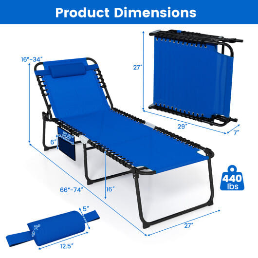 4 Position Folding Lounge Chaise with Adjustable Backrest and Footrest-Navy - Color: Navy