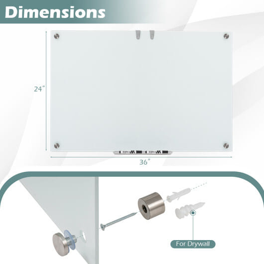 Costway 36 x 24 Inches Glass Whiteboard with Eraser and Removable Tray