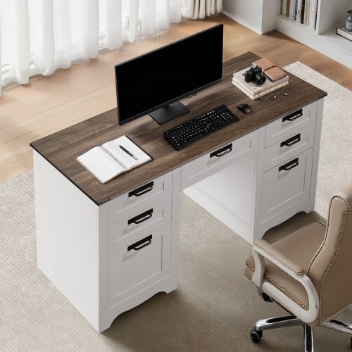 Executive Desk, Farmhouse Office Table with Charging Station, Heavy Duty Particle Board Executive Table with Storage Drawers, 200 LBS Load Capacity, Easy Assembly, for Work Study Writing, Walnut
