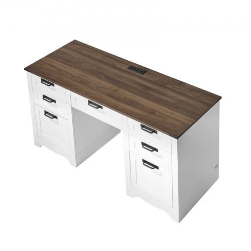 Executive Desk, Farmhouse Office Table with Charging Station, Heavy Duty Particle Board Executive Table with Storage Drawers, 200 LBS Load Capacity, Easy Assembly, for Work Study Writing, Walnut