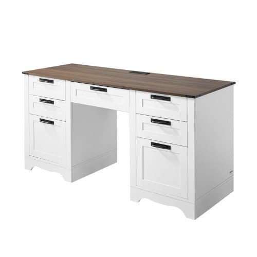 Executive Desk, Farmhouse Office Table with Charging Station, Heavy Duty Particle Board Executive Table with Storage Drawers, 200 LBS Load Capacity, Easy Assembly, for Work Study Writing, Walnut