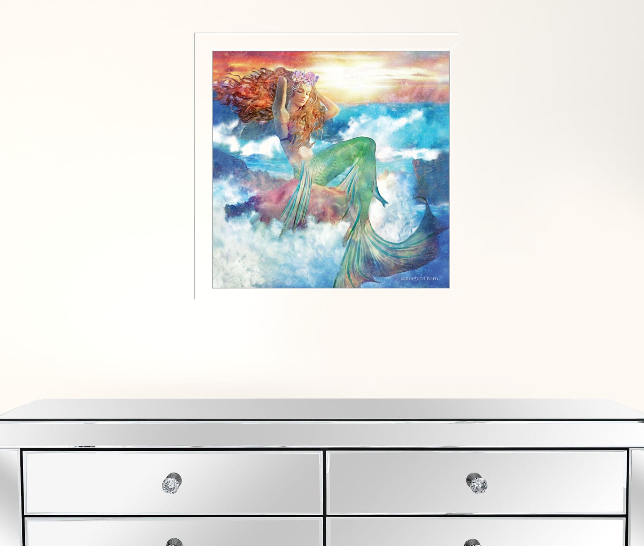 Sunset Mermaid 2 White Framed Print Wall Art