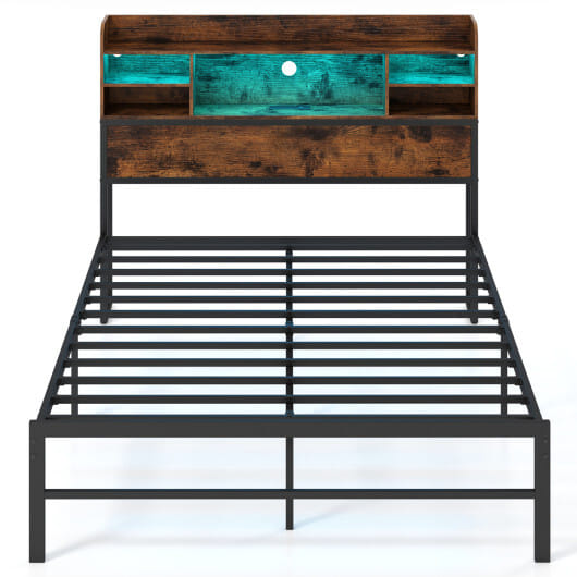 Full Size Bed Frame with Headboard LED Lights and Charging Station-Rustic Brown