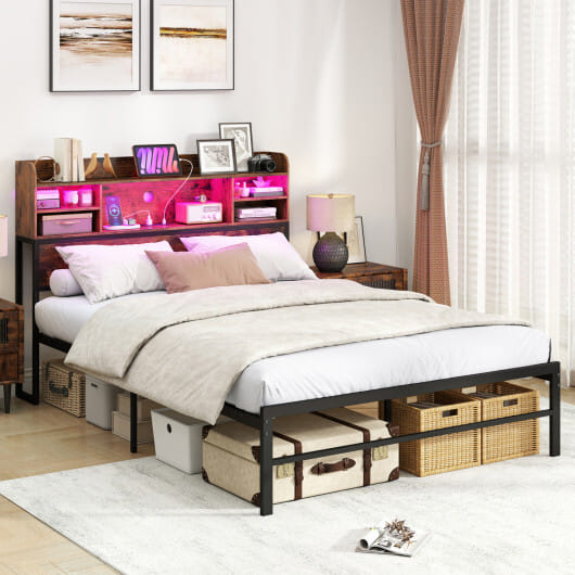 Full Size Bed Frame with Headboard LED Lights and Charging Station-Rustic Brown