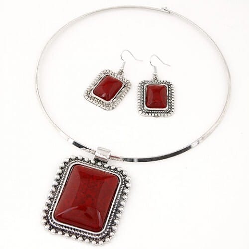 Vintage Beaded Rim Square Turquoise Pendant Necklace and Earrings Set - Red