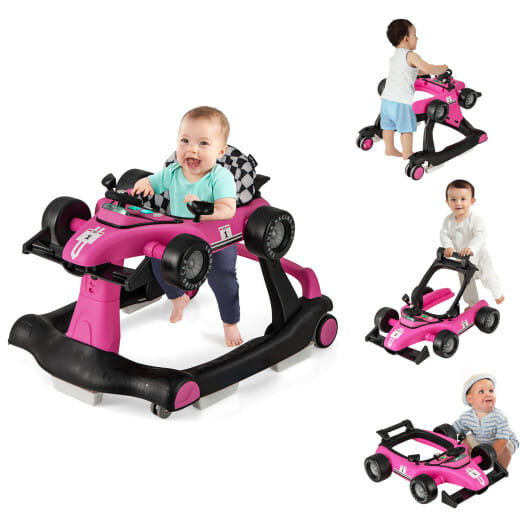 Costway 4-in-1 Foldable Activity Push Walker with Adjustable Height-Pink - Color: Pink