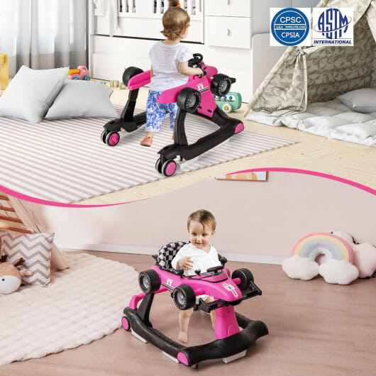 Costway 4-in-1 Foldable Activity Push Walker with Adjustable Height-Pink - Color: Pink