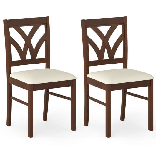 Set of 2 Wooden Dining Chairs Upholstered with Hollowed Backrest and Soft Padded Seat-Brown - Color: Brown