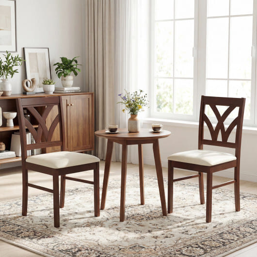 Set of 2 Wooden Dining Chairs Upholstered with Hollowed Backrest and Soft Padded Seat-Brown - Color: Brown