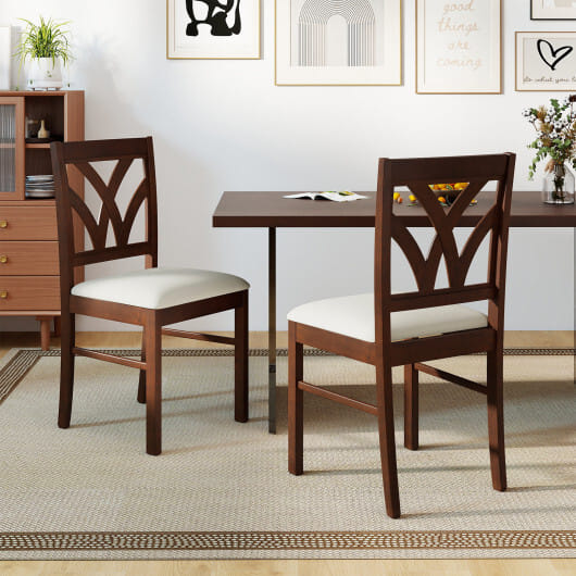 Set of 2 Wooden Dining Chairs Upholstered with Hollowed Backrest and Soft Padded Seat-Brown - Color: Brown