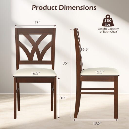 Set of 2 Wooden Dining Chairs Upholstered with Hollowed Backrest and Soft Padded Seat-Brown - Color: Brown