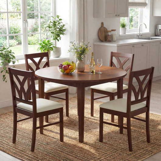 Set of 2 Wooden Dining Chairs Upholstered with Hollowed Backrest and Soft Padded Seat-Brown - Color: Brown