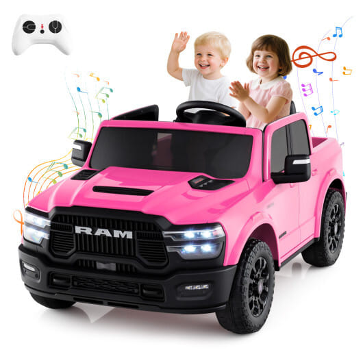 2 Seater 24V Ride on Toy for Big Kids Licensed Ram Truck with Remote and Music-Pink - Color: Pink