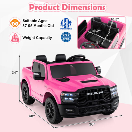 2 Seater 24V Ride on Toy for Big Kids Licensed Ram Truck with Remote and Music-Pink - Color: Pink