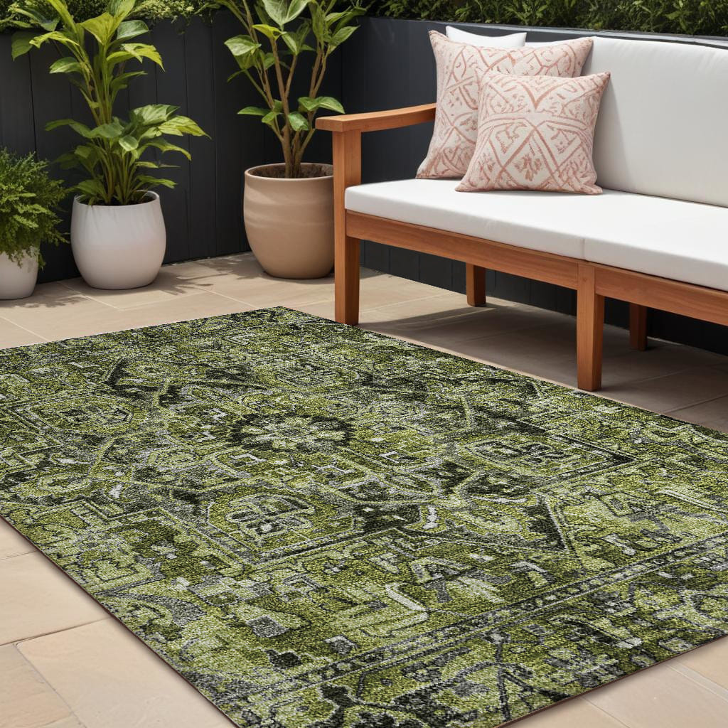 10' X 14' Olive Green and Dark Green Oriental Washable Non Skid Indoor Outdoor Area Rug