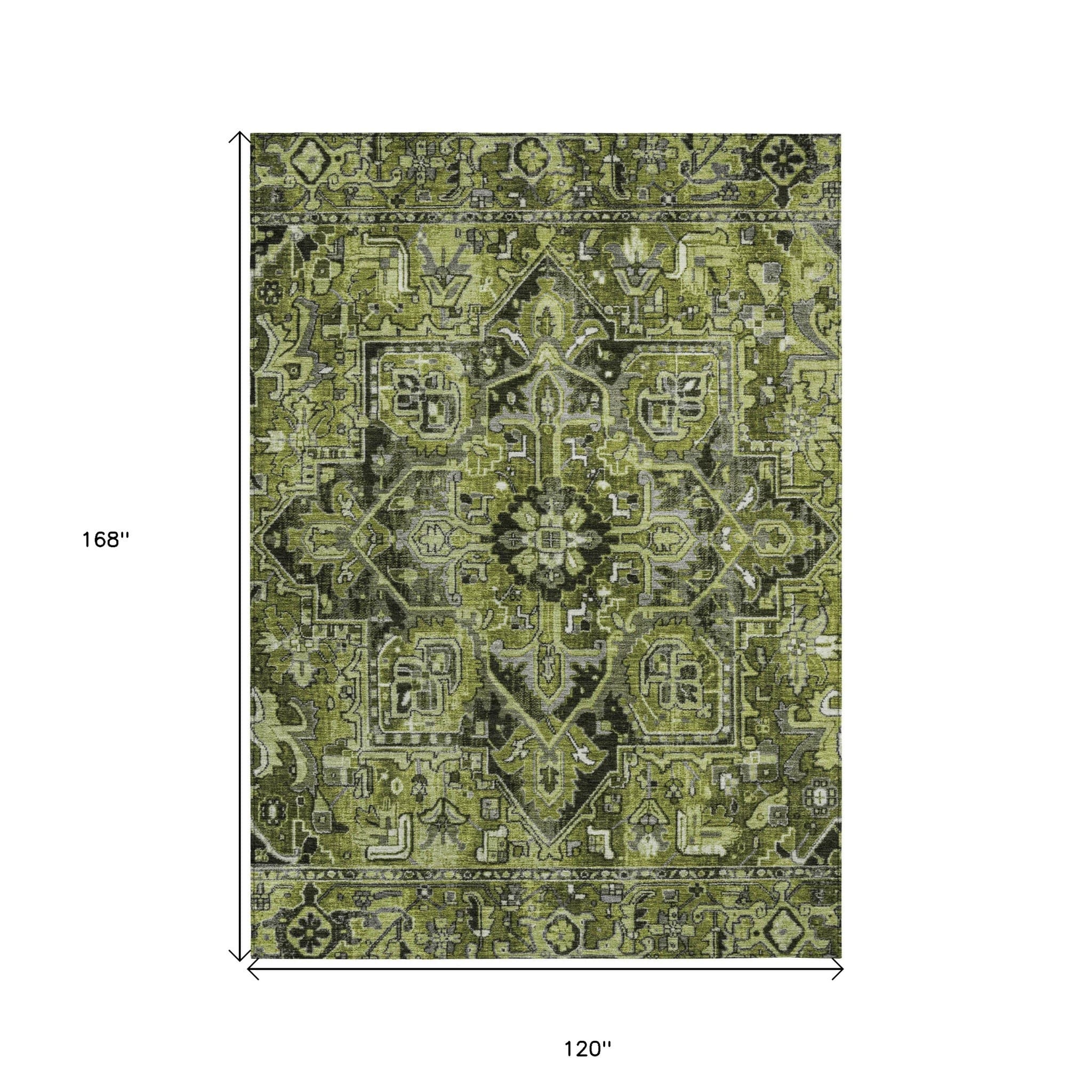 10' X 14' Olive Green and Dark Green Oriental Washable Non Skid Indoor Outdoor Area Rug